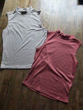 Brit & Bri Sleeveless Mock Neck Tank Tops - Ribbed Dusty Rose & Light Taupe